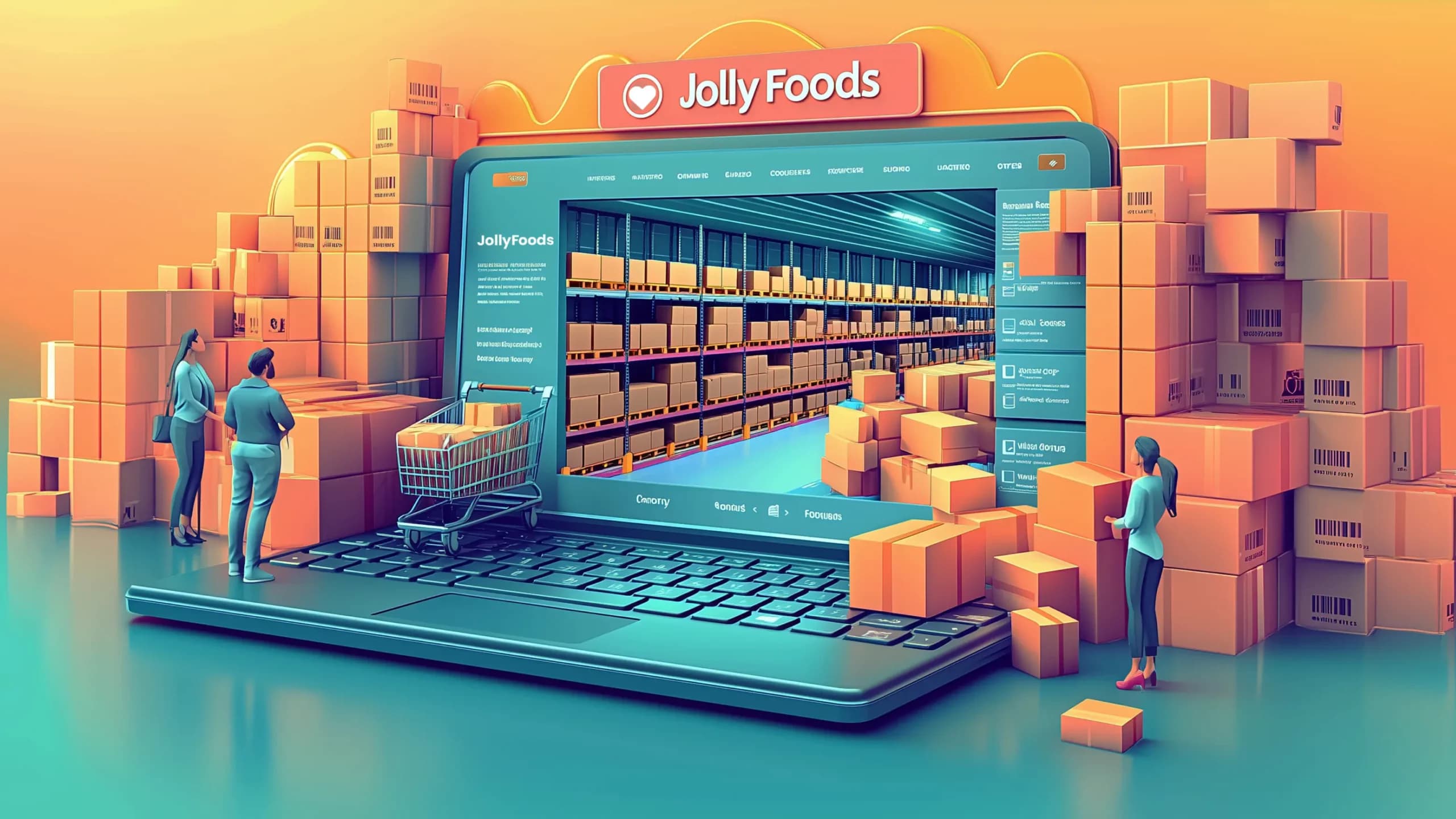 Illustration of a B2B eCommerce website on a large laptop screen with people browsing products and boxes stacked around