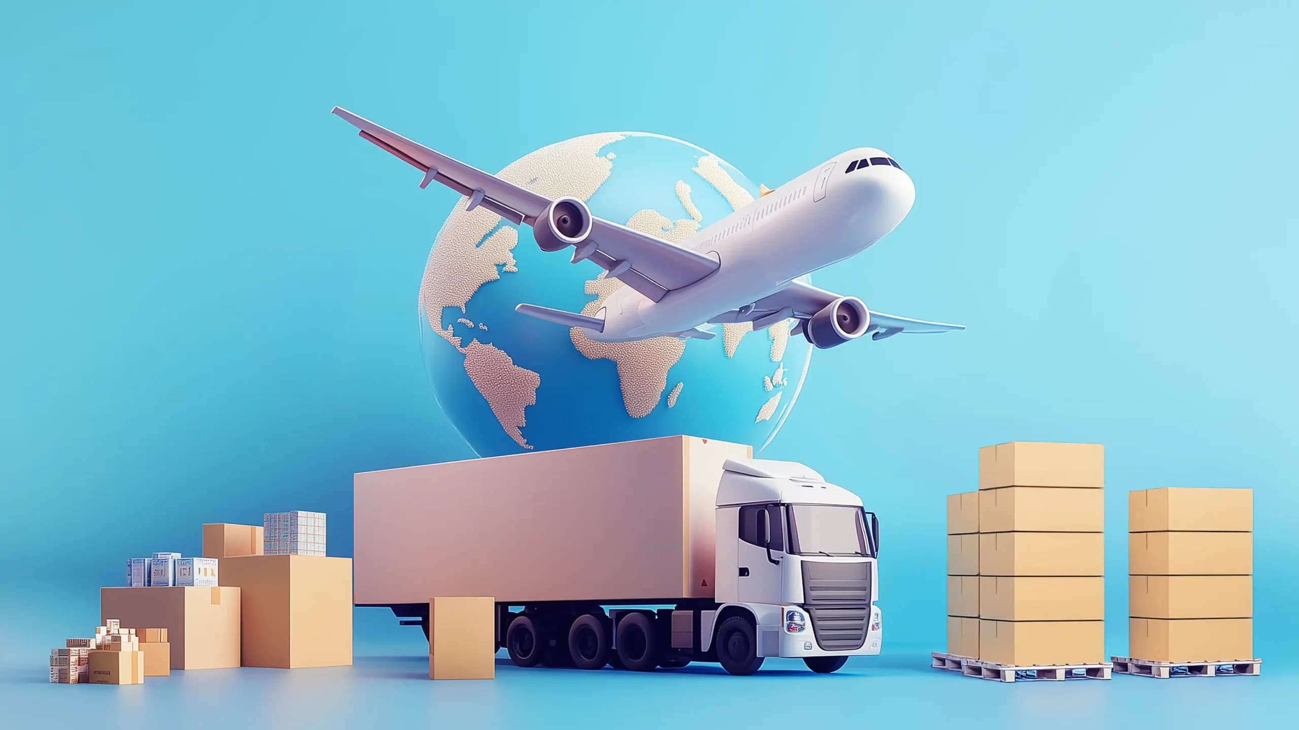 Global dropshipping concept with an aeroplane, lorry, and stacked packages symbolising international trade and logistics.