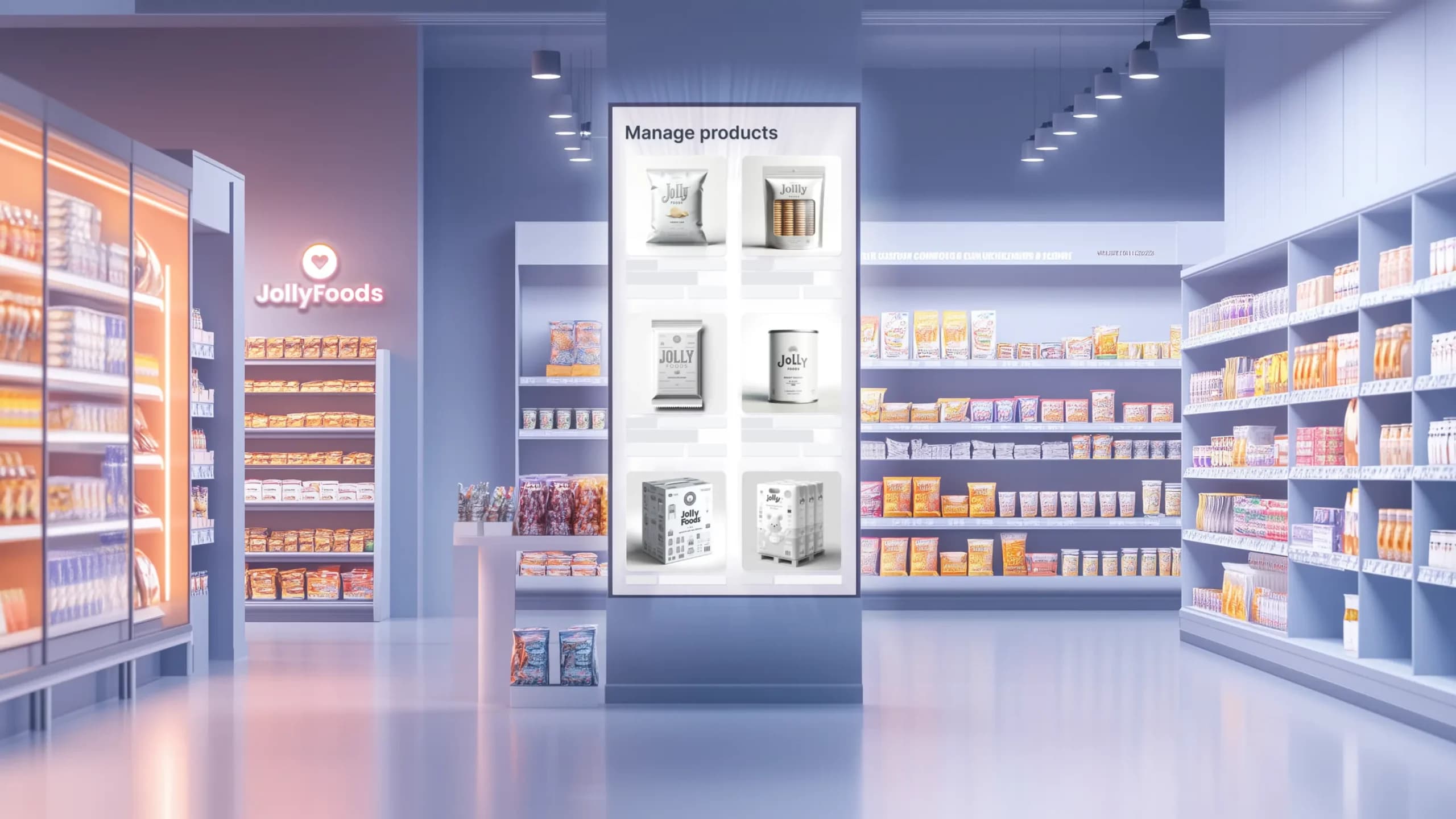 Modern retail store with a digital product management interface showcasing product details for JollyFoods