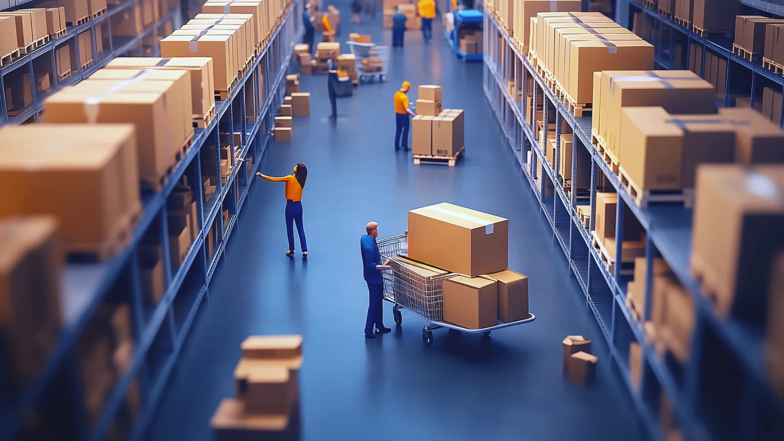 People shopping in a wholesale club warehouse filled with large boxes and pallets on high shelves.