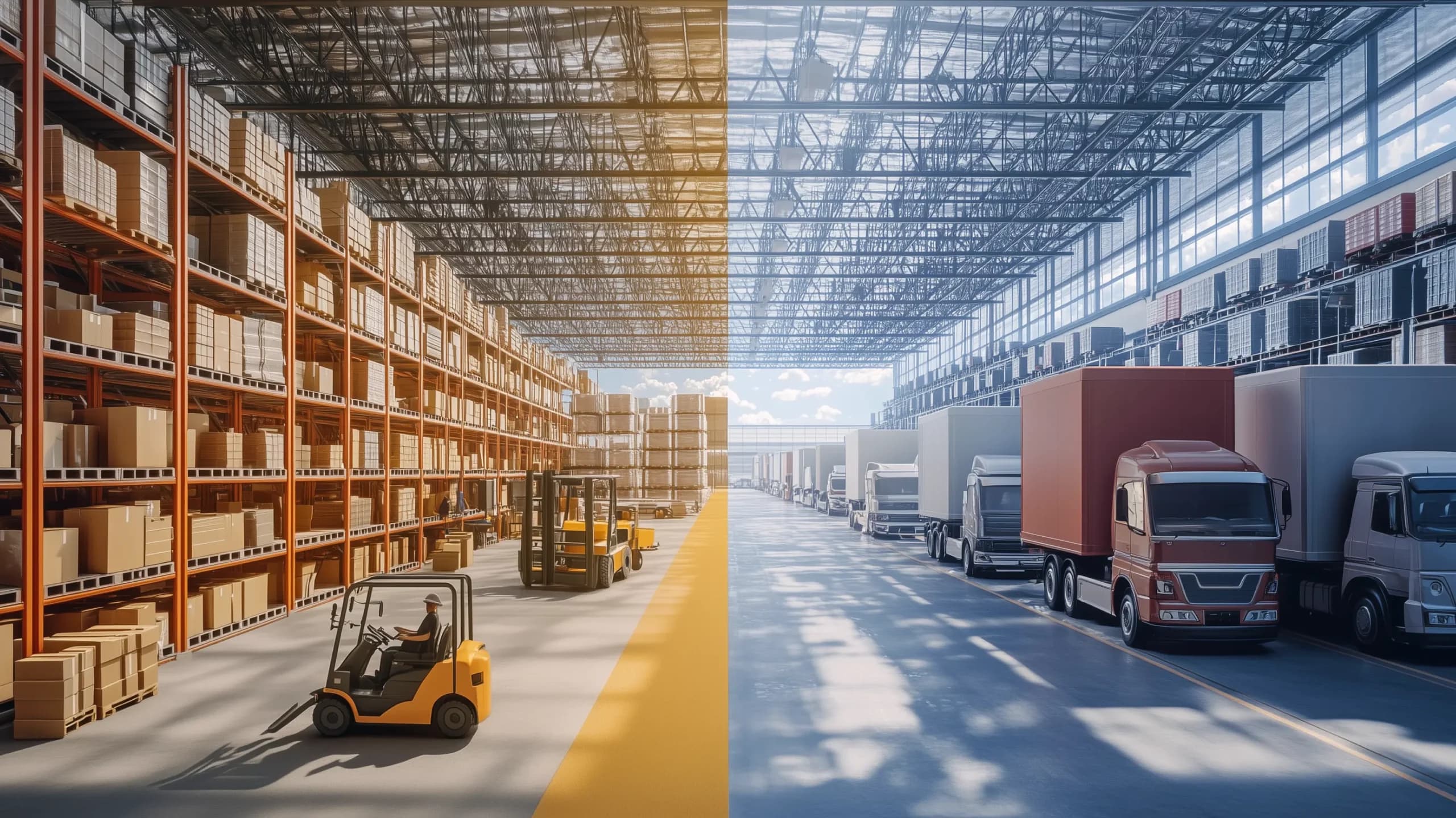 A split-view warehouse with one side showcasing organized shelves of products and forklifts, and the other featuring loading docks with delivery trucks, illustrating the operational differences between wholesalers and distributors.