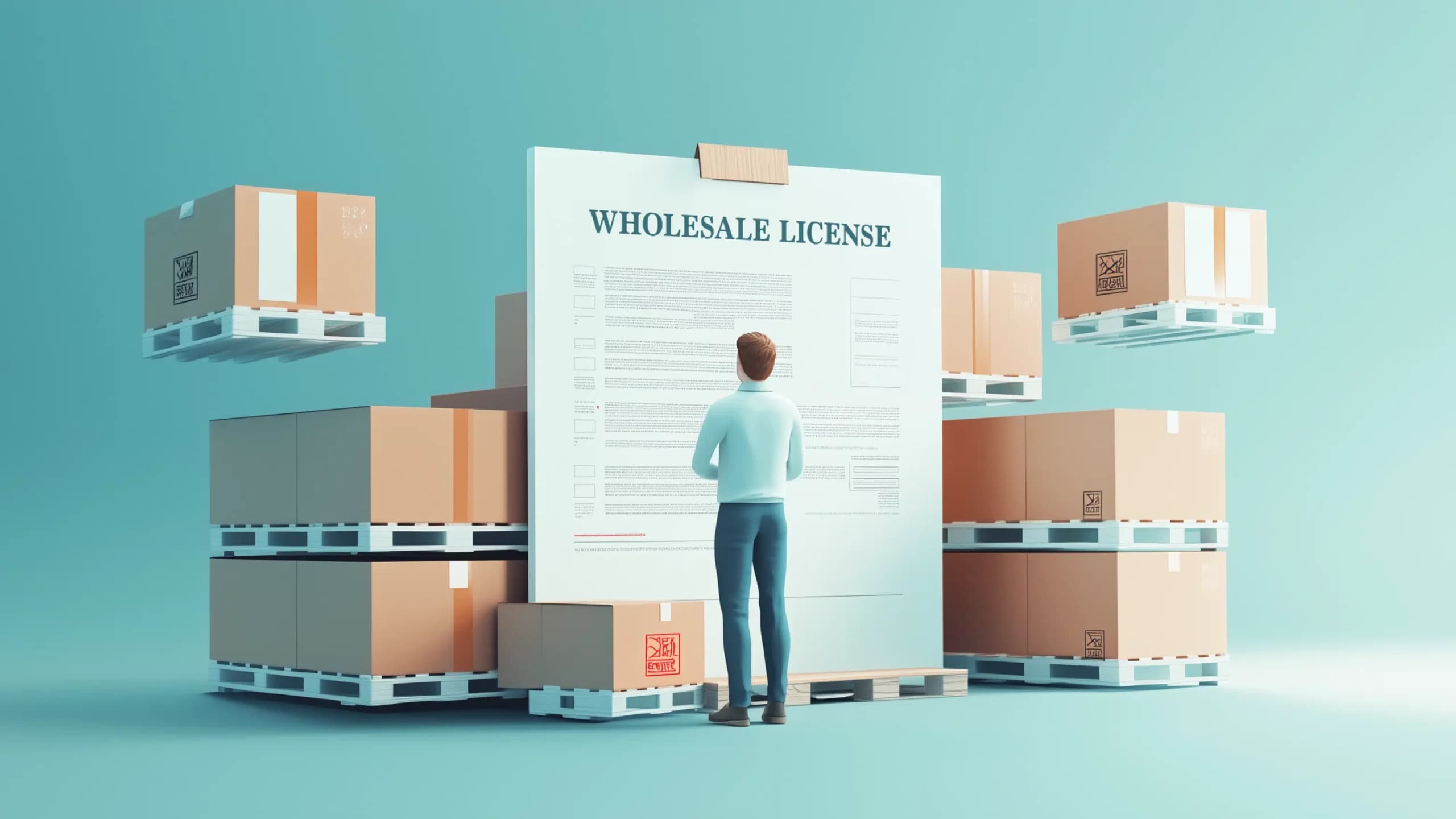 Man standing in front of a large wholesale license document surrounded by stacked pallets, symbolizing the importance of understanding licensing for wholesale purchasing.