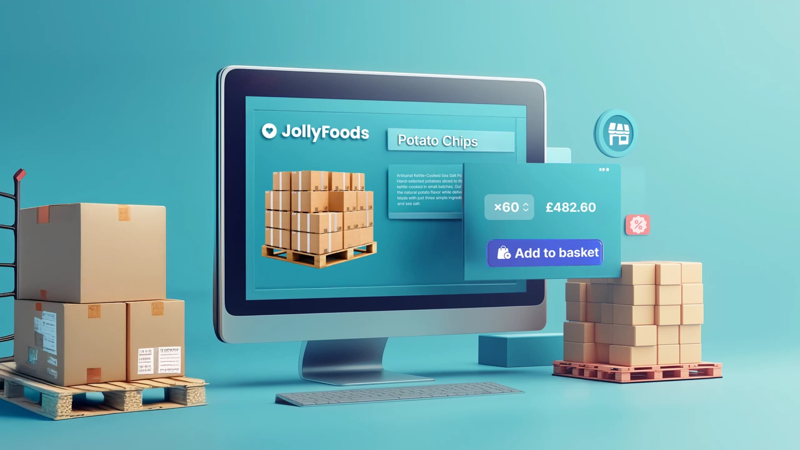 Illustration of an eCommerce platform displaying B2B product listings with pallets, boxes, and a virtual 'Add to basket' button.