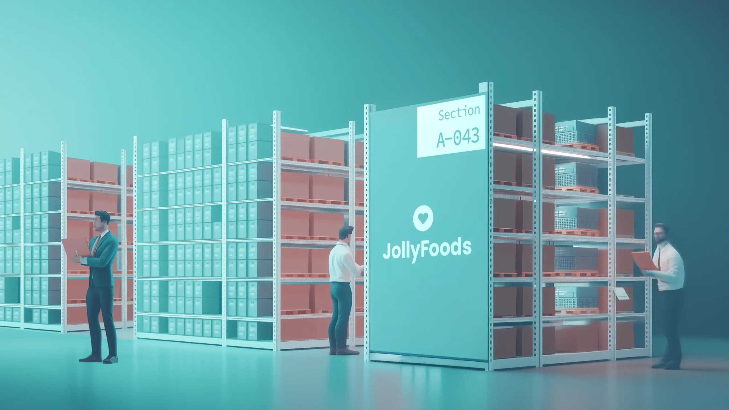 Modern multiclient warehouse with organized shelves, labeled sections, and employees managing inventory, showcasing efficient B2B warehousing solutions.