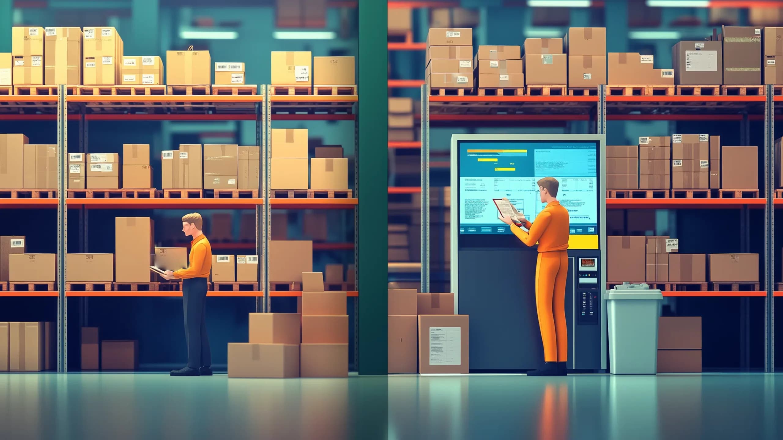Warehouse setting featuring workers managing inventory and a digital kiosk displaying supply chain data, representing different types of wholesalers in B2B operations.