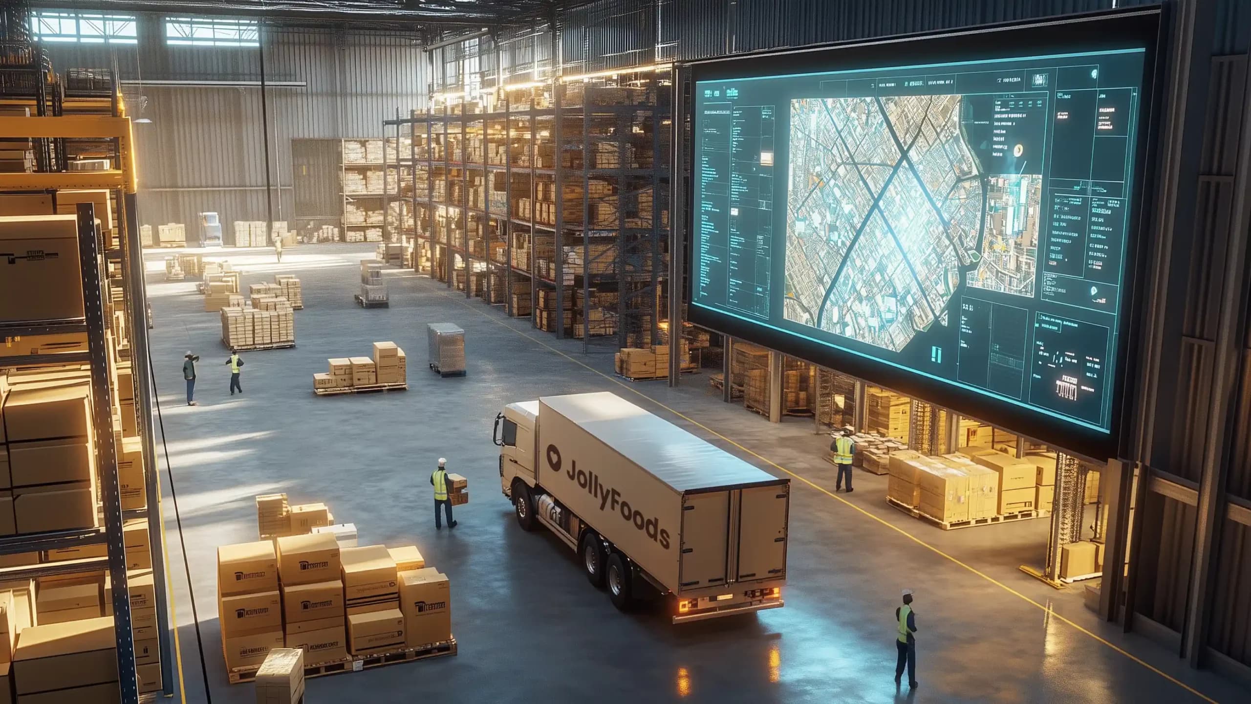Large warehouse with a digital logistics dashboard displaying supply chain data and a truck labeled 'JollyFoods,' emphasizing B2B supply chain operations.