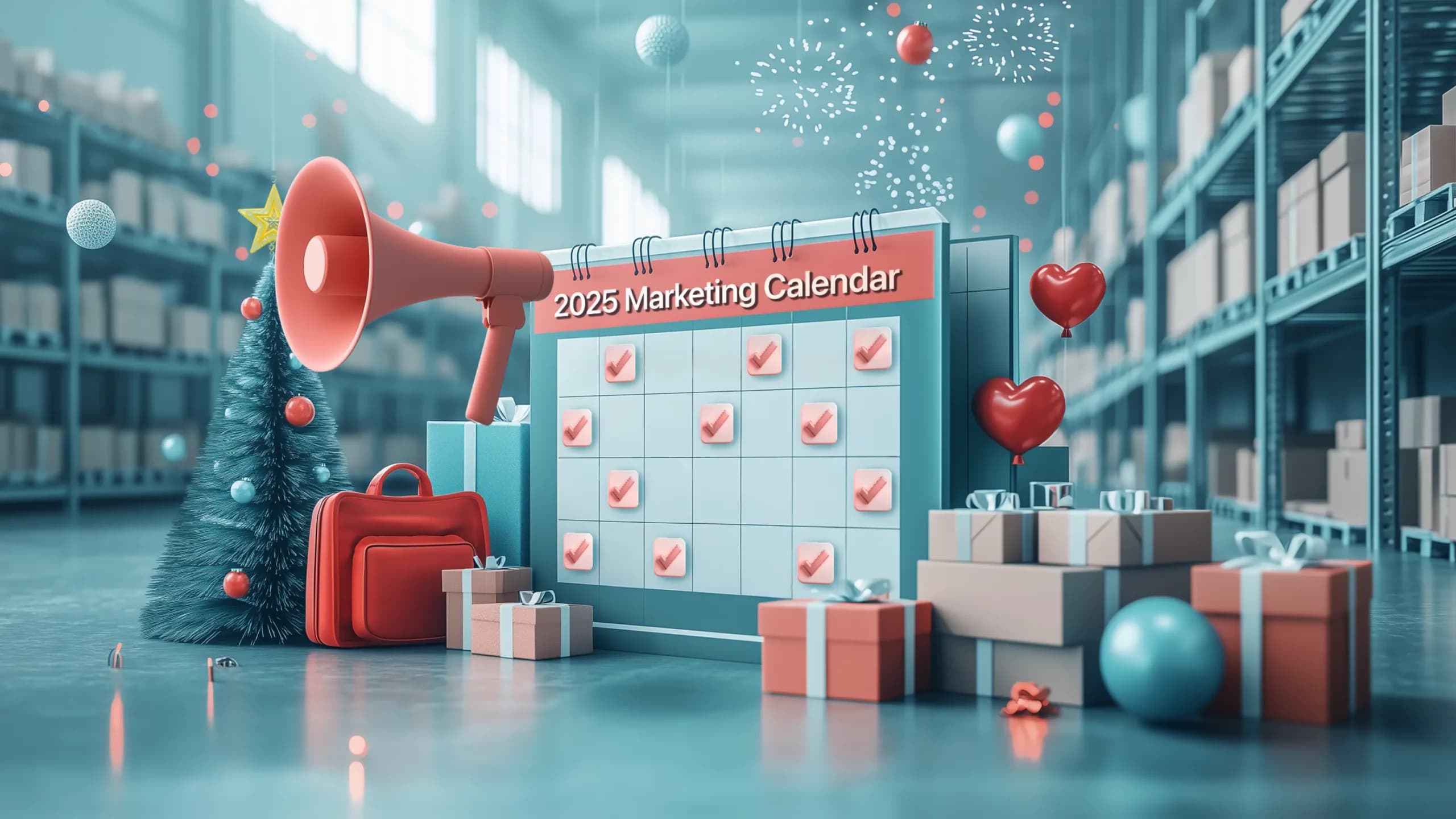 A festive warehouse scene featuring a marketing calendar marked with checkboxes, a megaphone, decorated holiday tree, gift boxes, and heart-shaped balloons, symbolizing holiday marketing strategies for B2B businesses in 2025.