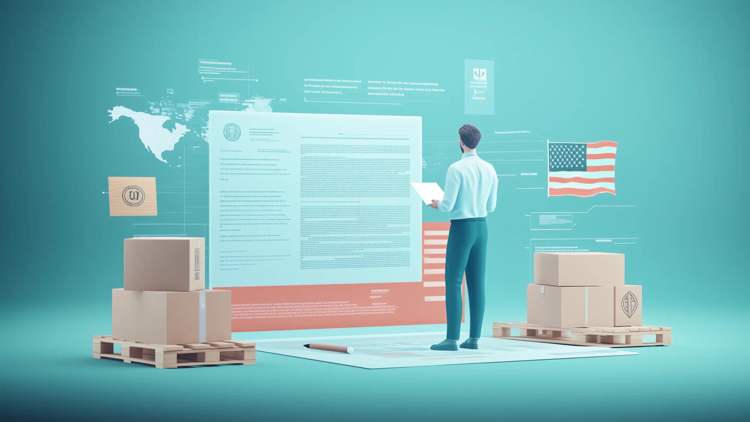 A professional reviewing a wholesale license document in a warehouse setting, with an American flag and compliance icons, symbolizing legal requirements for online sales in the USA.