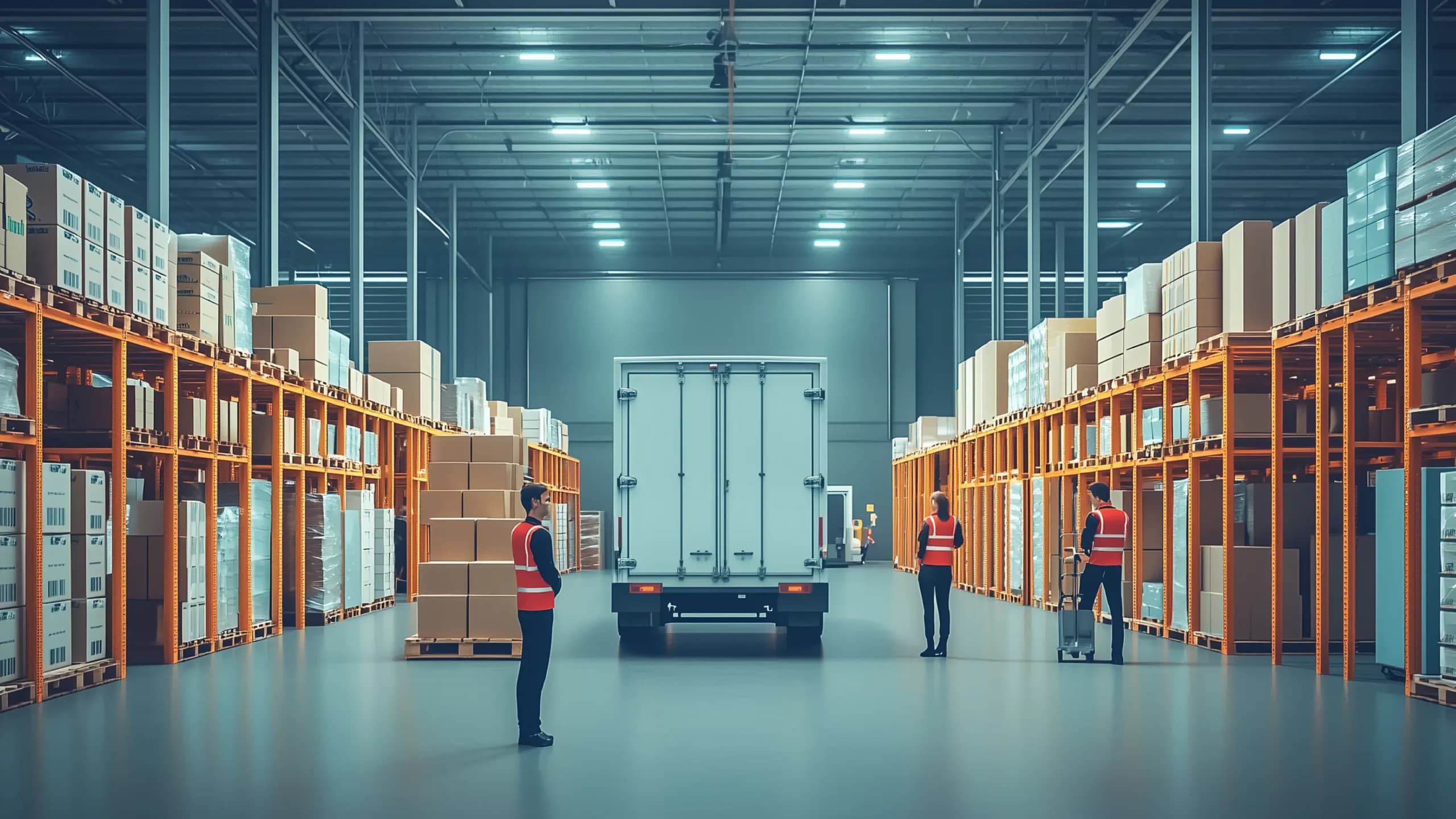 A modern warehouse scene with organized shelves, a delivery truck, and workers in red safety vests, illustrating the operations and logistics of a wholesaler.