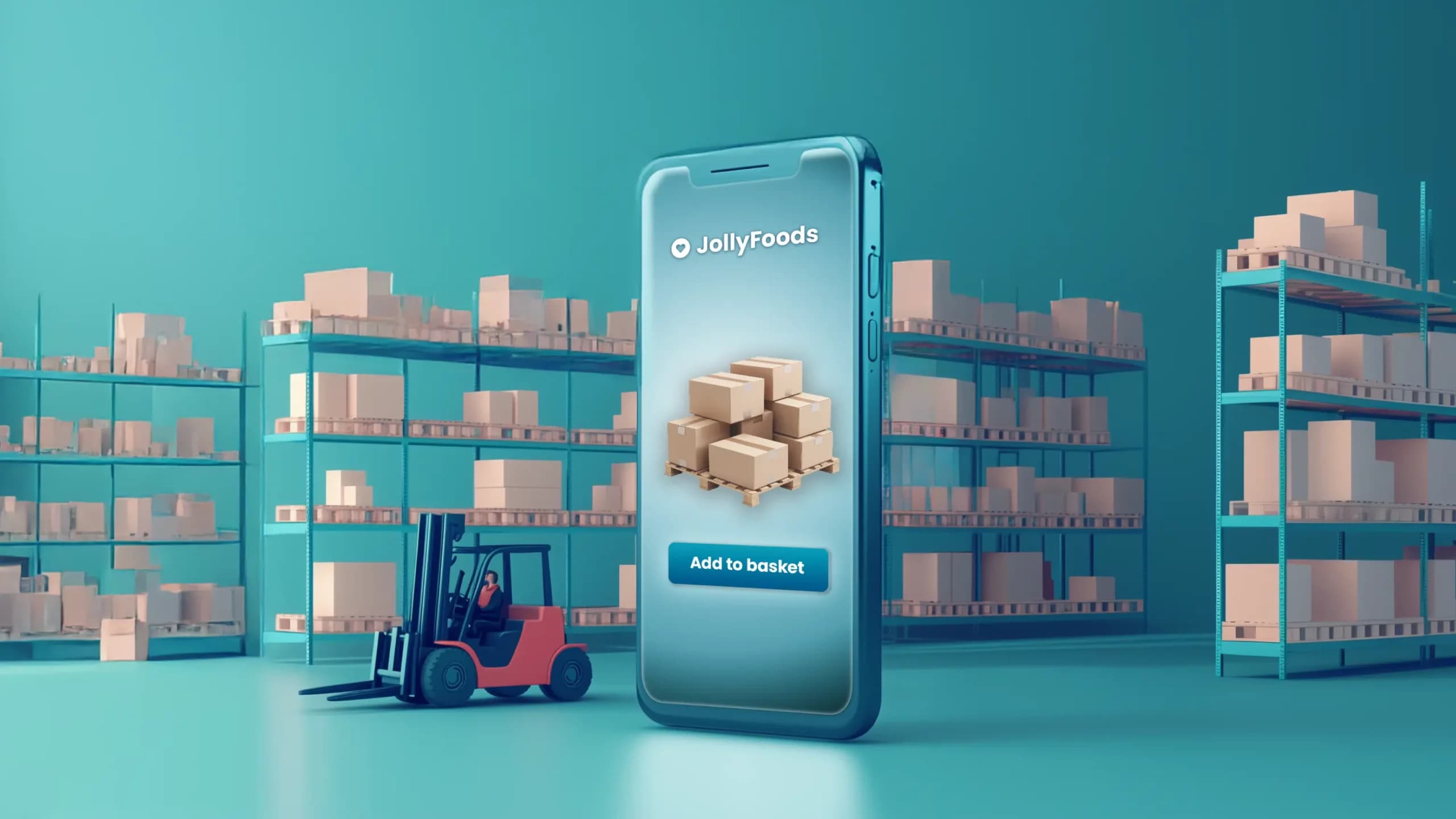Mobile app interface for JollyFoods displayed on a smartphone in a warehouse setting, showcasing wholesale automation with features like "Add to Basket" for streamlined inventory management.