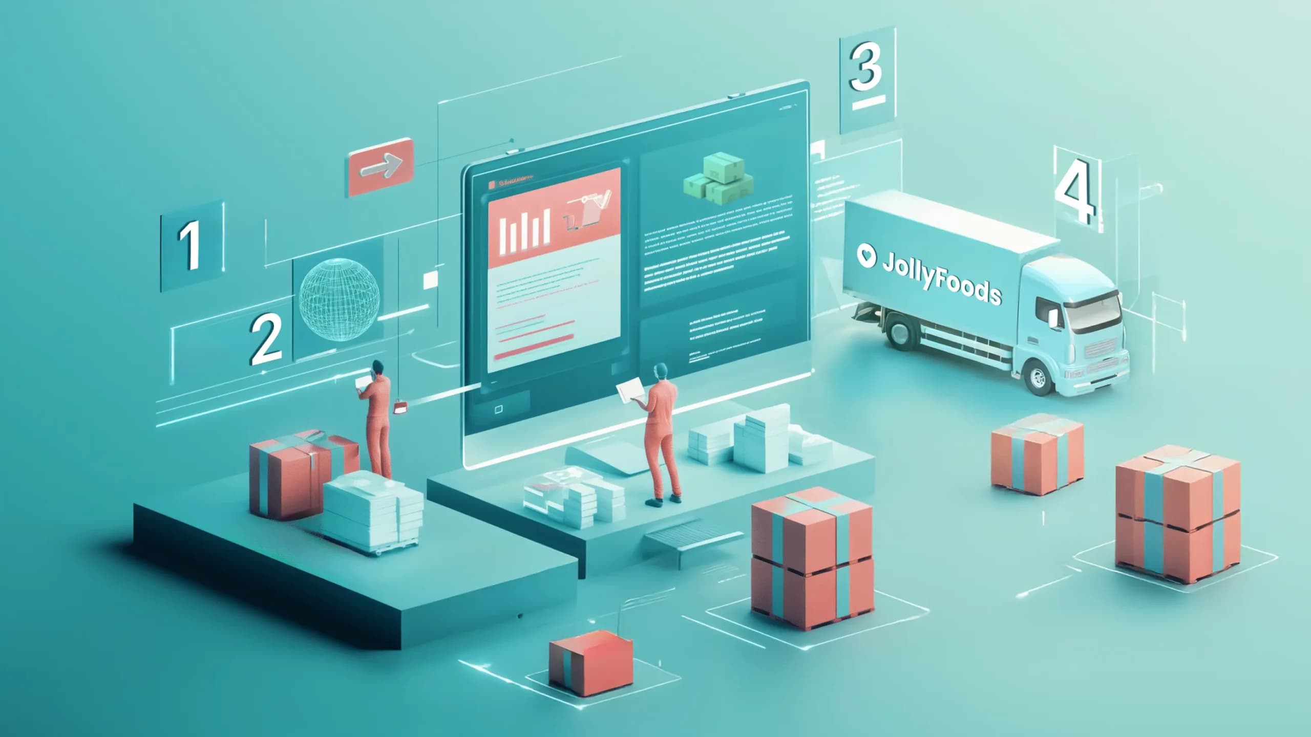 Efficient B2B order fulfillment process with digital tracking and logistics system visualization.