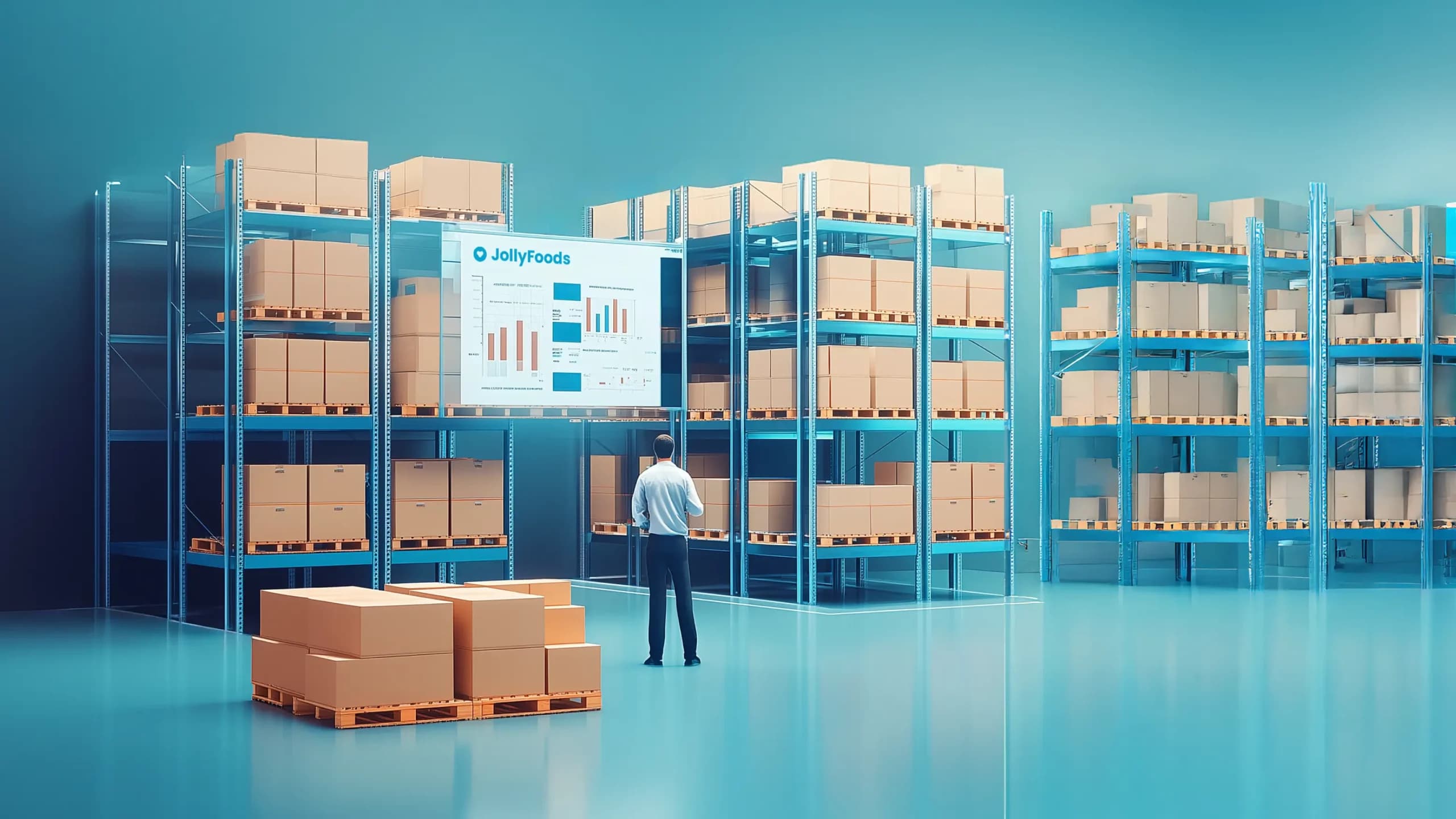 A business professional analyzing wholesale inventory data in a warehouse with digital insights.