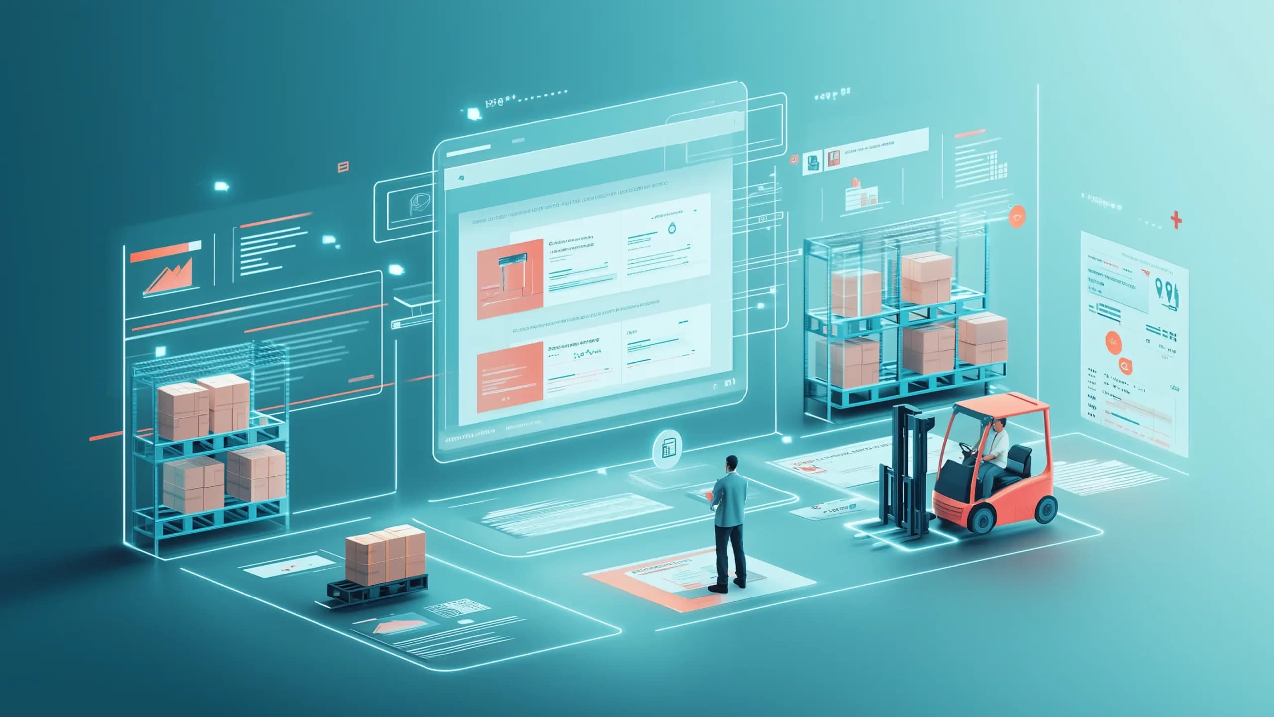 A business professional analyzing a digital B2B supply chain interface, with automated inventory management and logistics integration in the background.