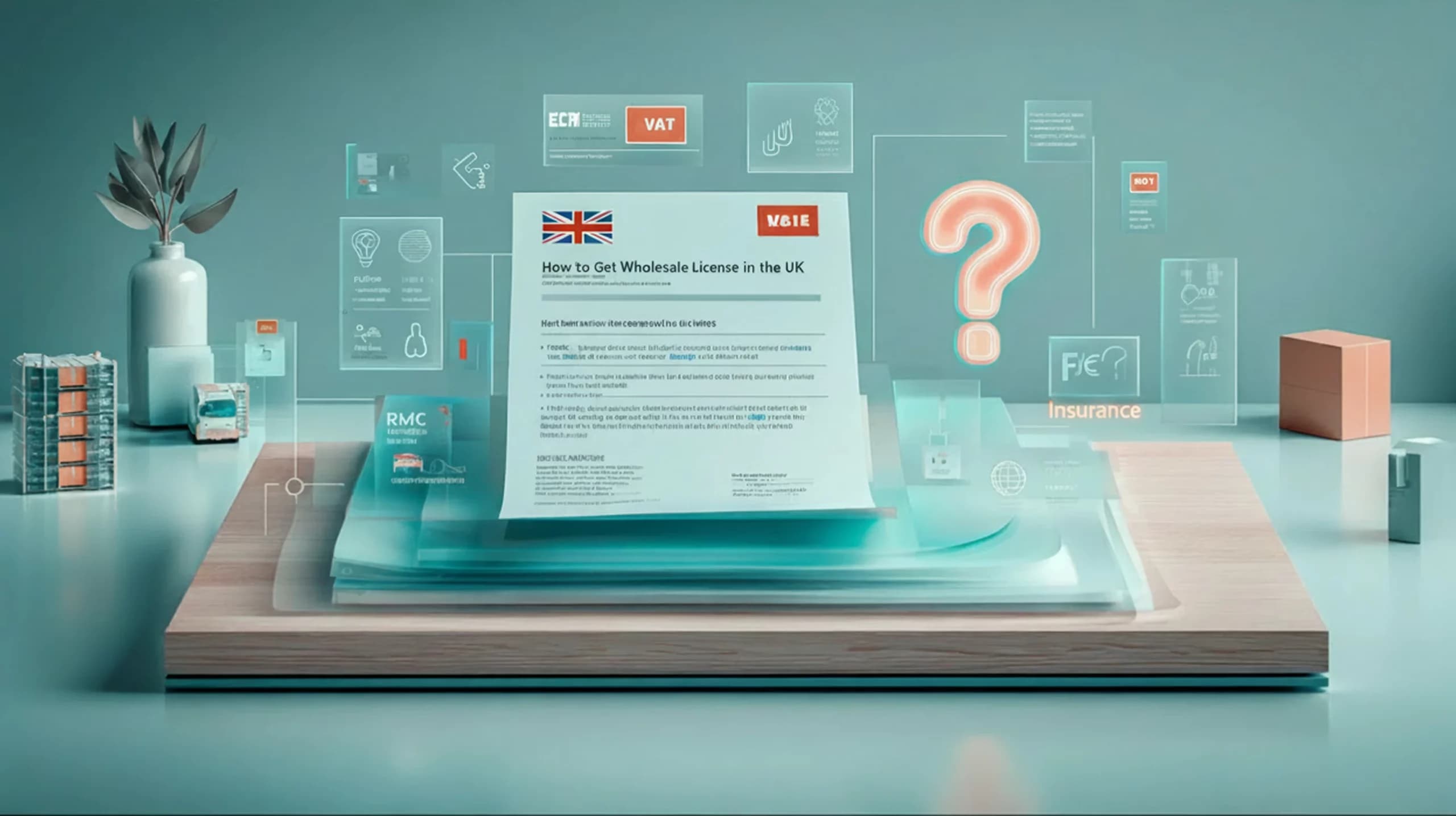 A digital document explaining wholesale licence requirements in the UK, surrounded by floating regulatory icons representing VAT, EORI, insurance, business registration, and compliance.