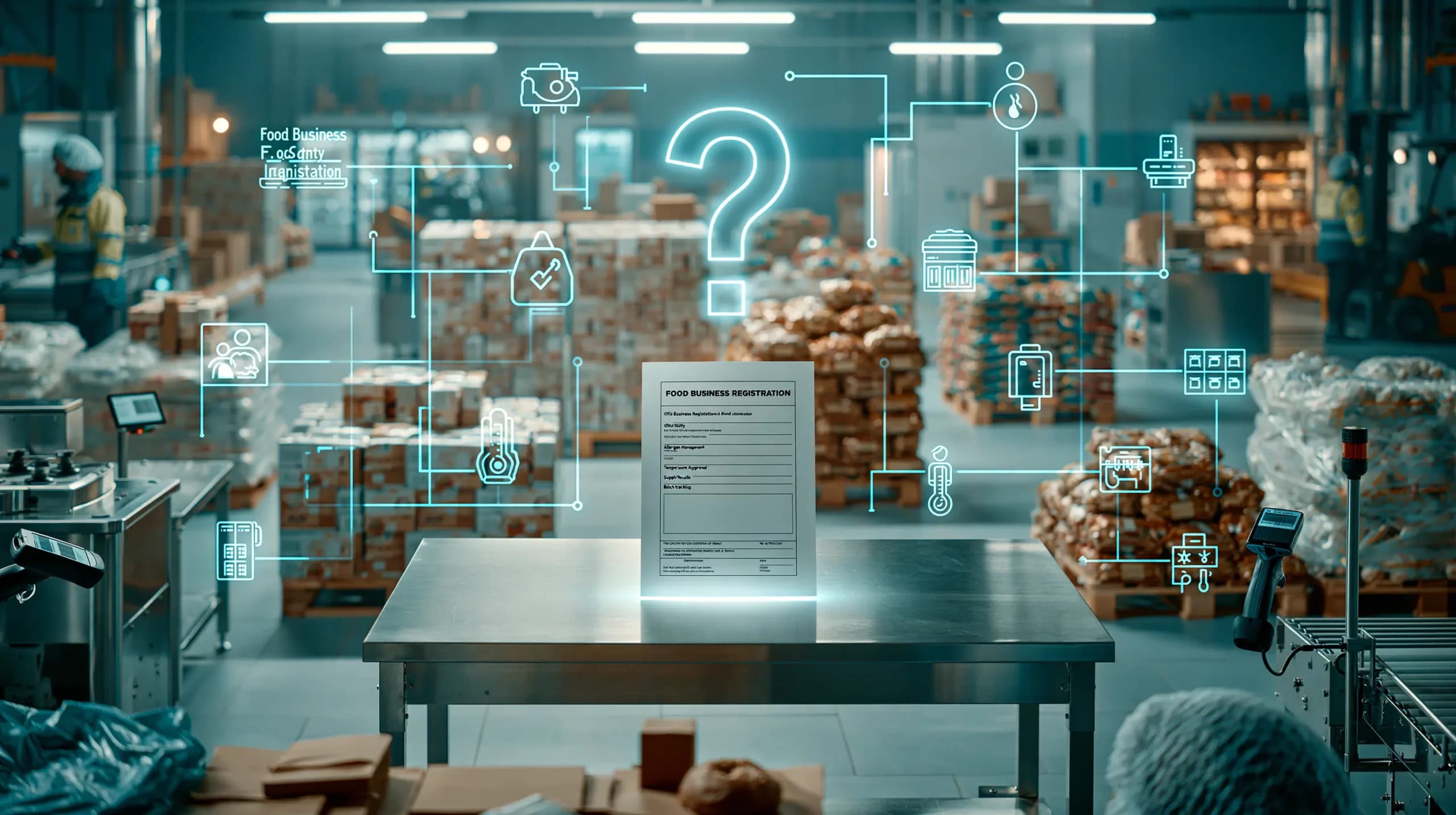 A Food Business Registration document displayed on a stainless steel inspection table inside a modern UK food wholesale warehouse, surrounded by food safety and compliance icons.