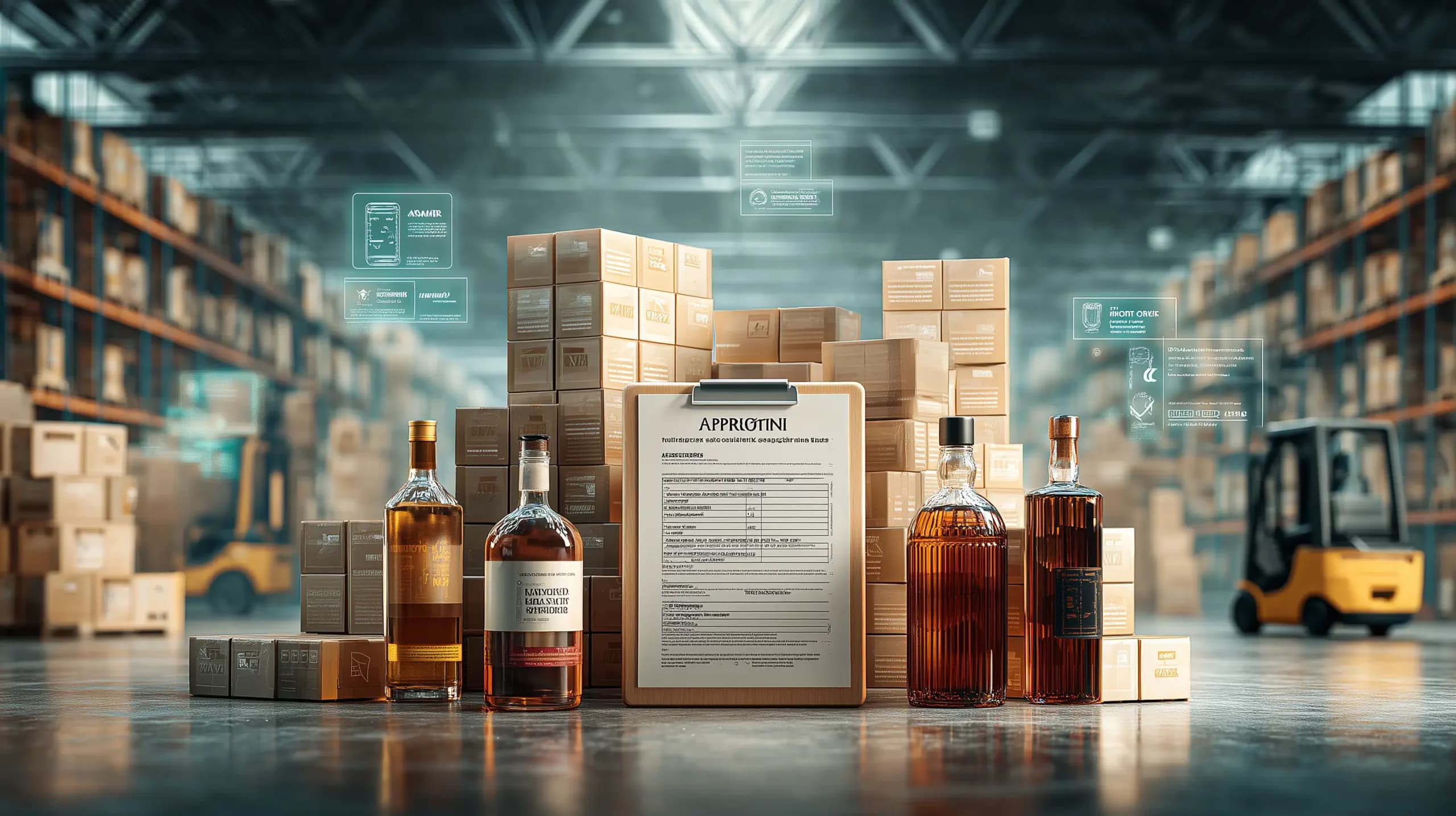 Alcohol bottles displayed in a wholesale warehouse alongside an AWRS approval document, with compliance icons representing UK alcohol wholesale regulations.