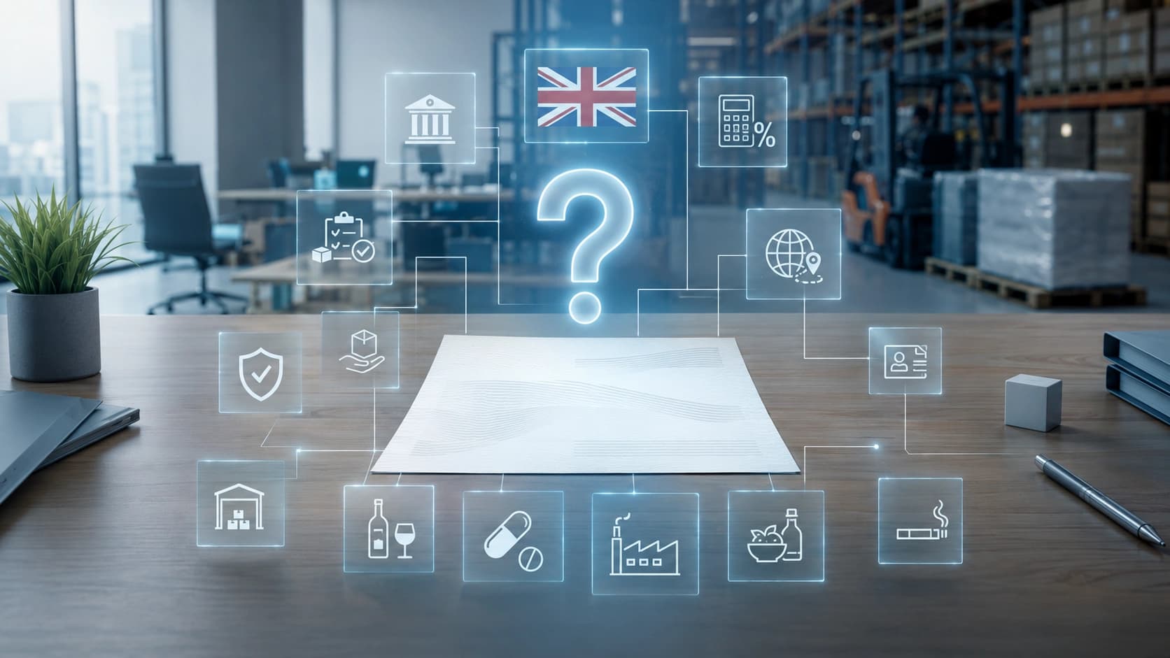 A business registration document on an office desk surrounded by holographic UK compliance icons, illustrating the special licences and registrations required for certain wholesale businesses in the UK.