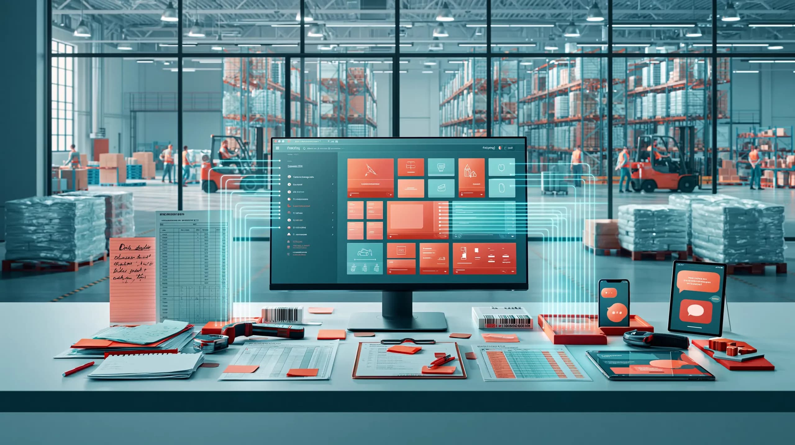 Modern wholesale ordering software dashboard displayed in a warehouse office, connecting manual orders, mobile devices, barcode scanning, and warehouse operations into one central system.