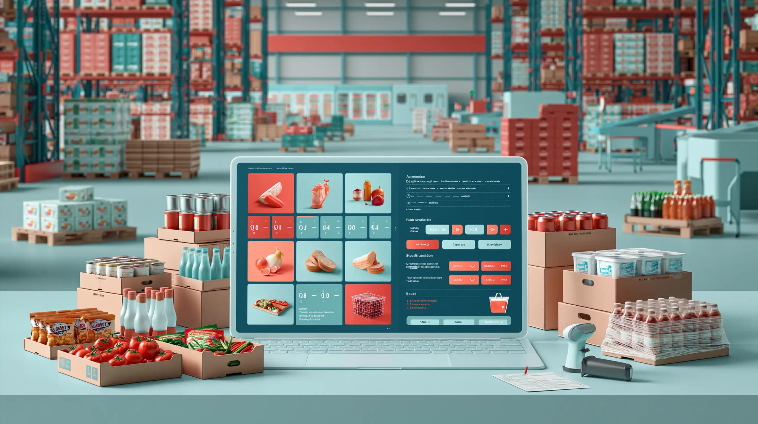 Food wholesale ordering software displayed in a distribution warehouse, surrounded by fresh produce, packaged foods, drinks, palletised stock and barcode scanning equipment.