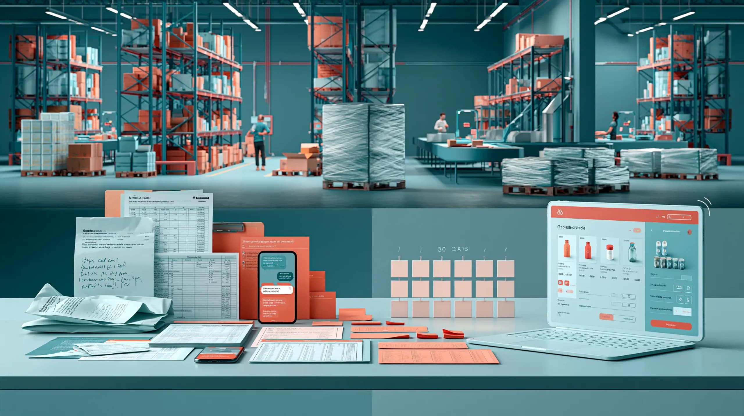 Wholesale warehouse transitioning from email, spreadsheets and handwritten orders to a digital B2B ordering portal during a 30-day migration.