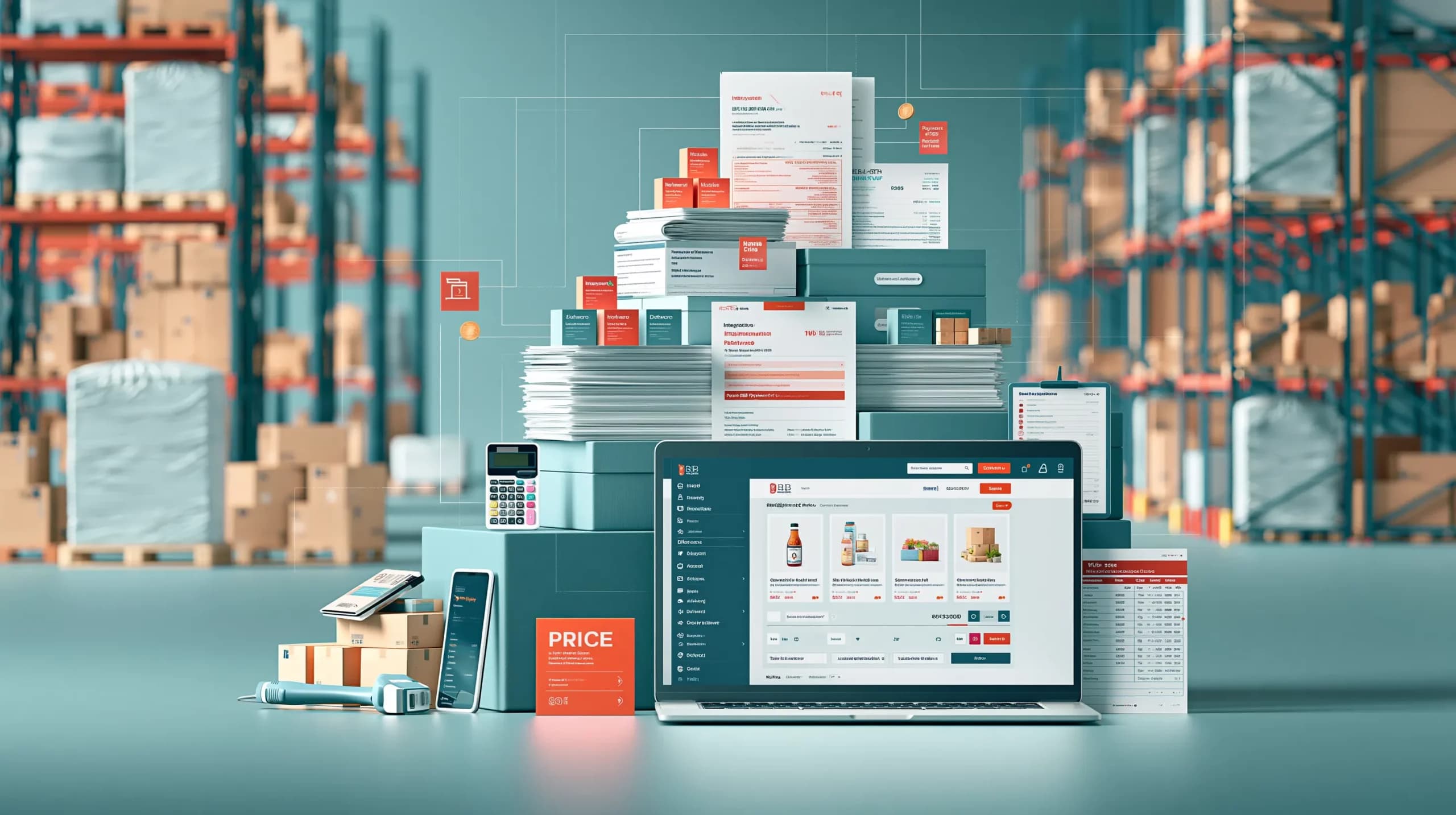 B2B ecommerce platform displayed in a wholesale warehouse alongside invoices, pricing documents, payment tools and operational software costs.