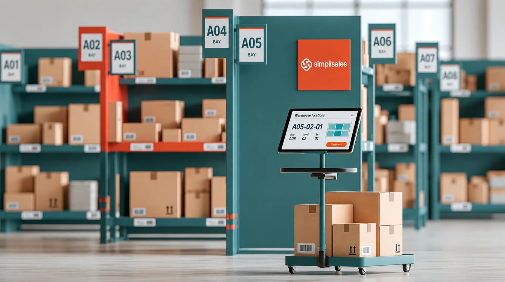 Labelled warehouse bays and a tablet on a picking trolley beneath a Simplisales sign.