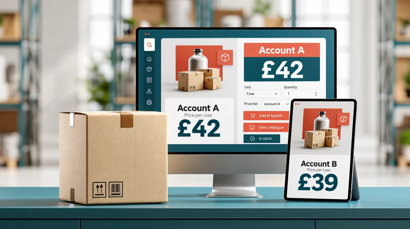 Desktop and tablet showing the same wholesale product at £42 per case for Account A and £39 for Account B.
