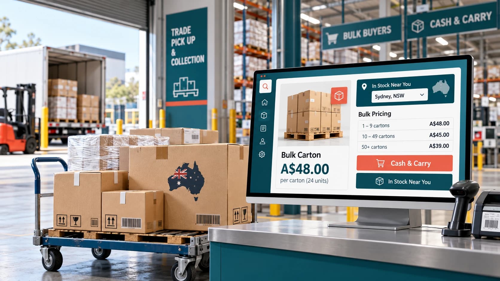Australian cash and carry trade warehouse with palletised cartons, a collection area and digital bulk pricing in Australian dollars.