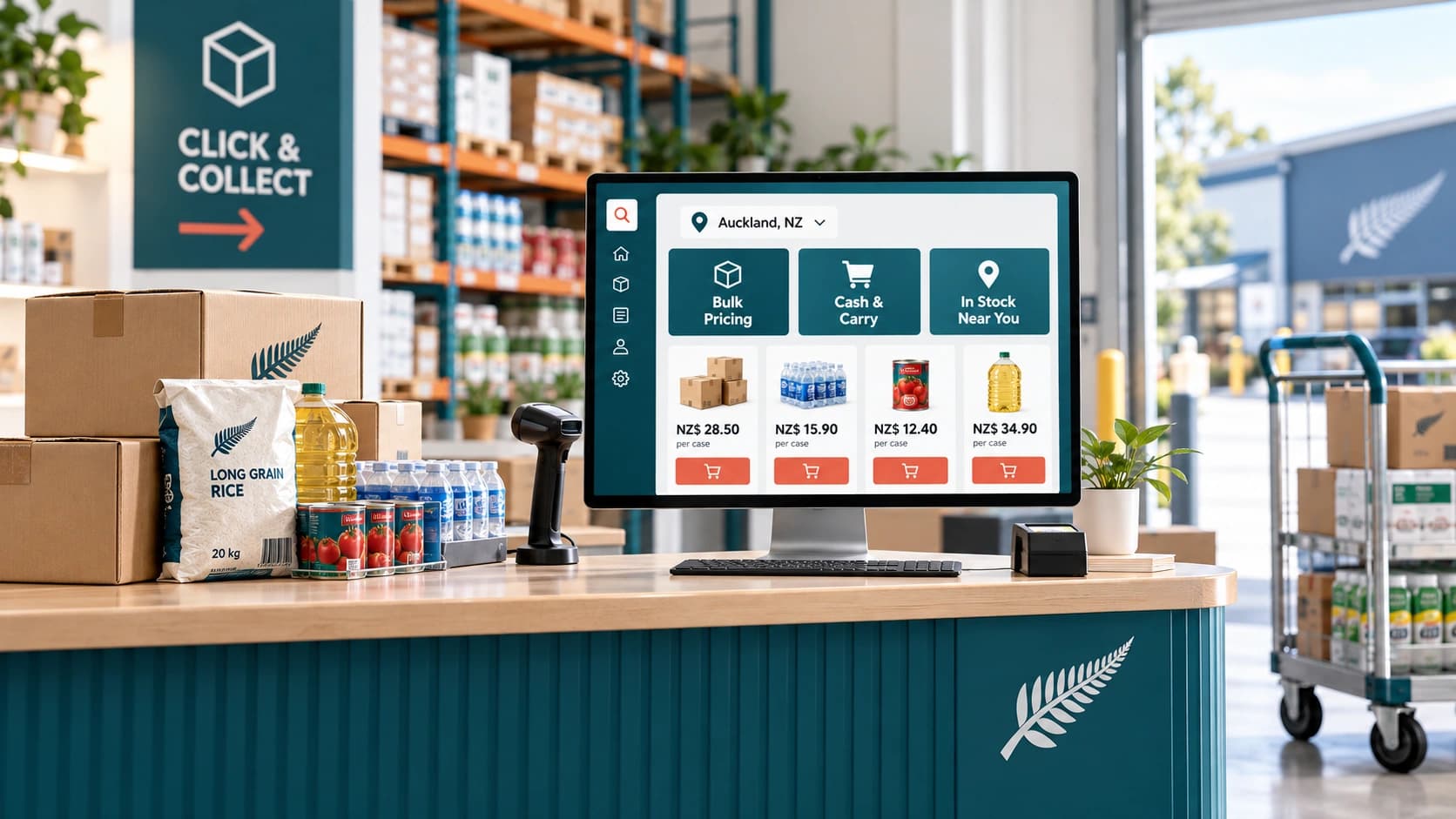 New Zealand cash and carry pickup counter with bulk products, click and collect facilities and digital wholesale ordering.