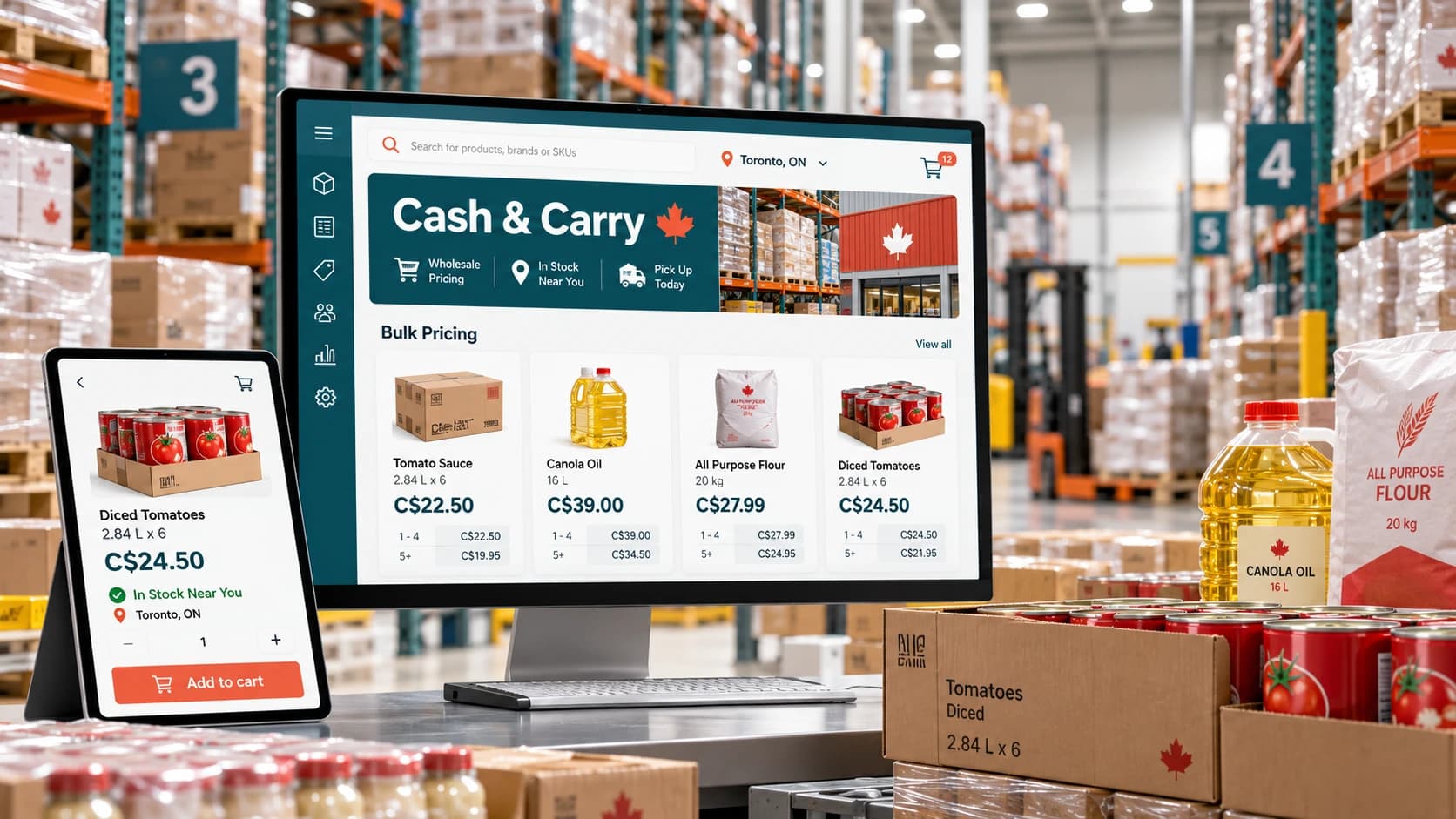 Canadian cash and carry warehouse with bulk stock, palletised goods and a digital wholesale ordering interface showing Canadian dollar pricing.