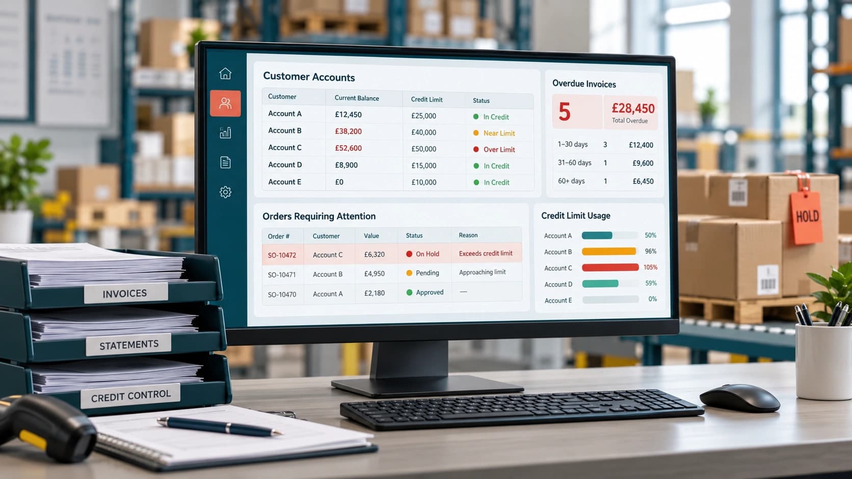 Wholesale credit control dashboard showing customer balances, credit limits, overdue invoices and orders on hold in a warehouse office environment.