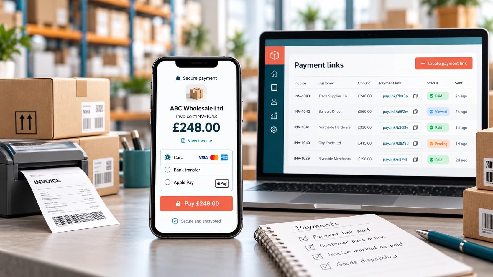 B2B payment link workflow for wholesalers showing a mobile payment screen, invoice receipt and payment dashboard in a warehouse office.