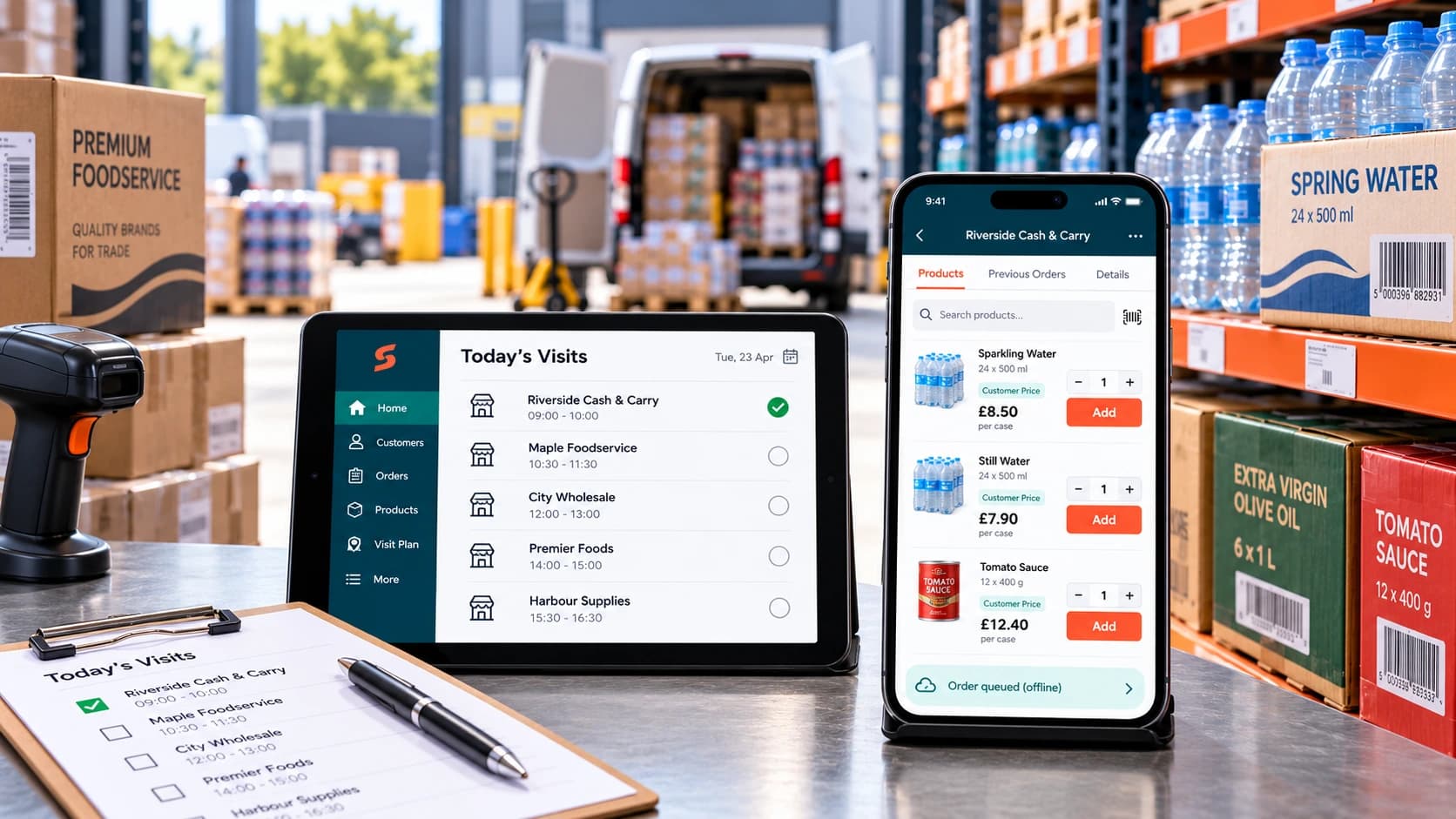 Wholesale sales rep ordering app showing customer visits, customer-specific pricing, product ordering and offline order queuing in a warehouse environment.