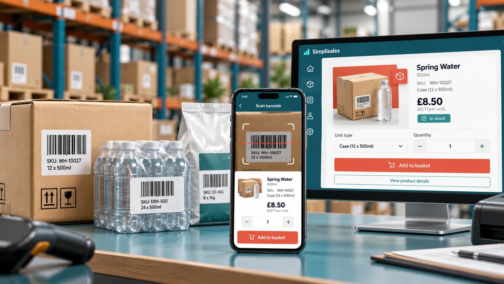 Wholesale barcode ordering app scanning a case barcode and adding the correct product, pack size and customer price to a digital basket.