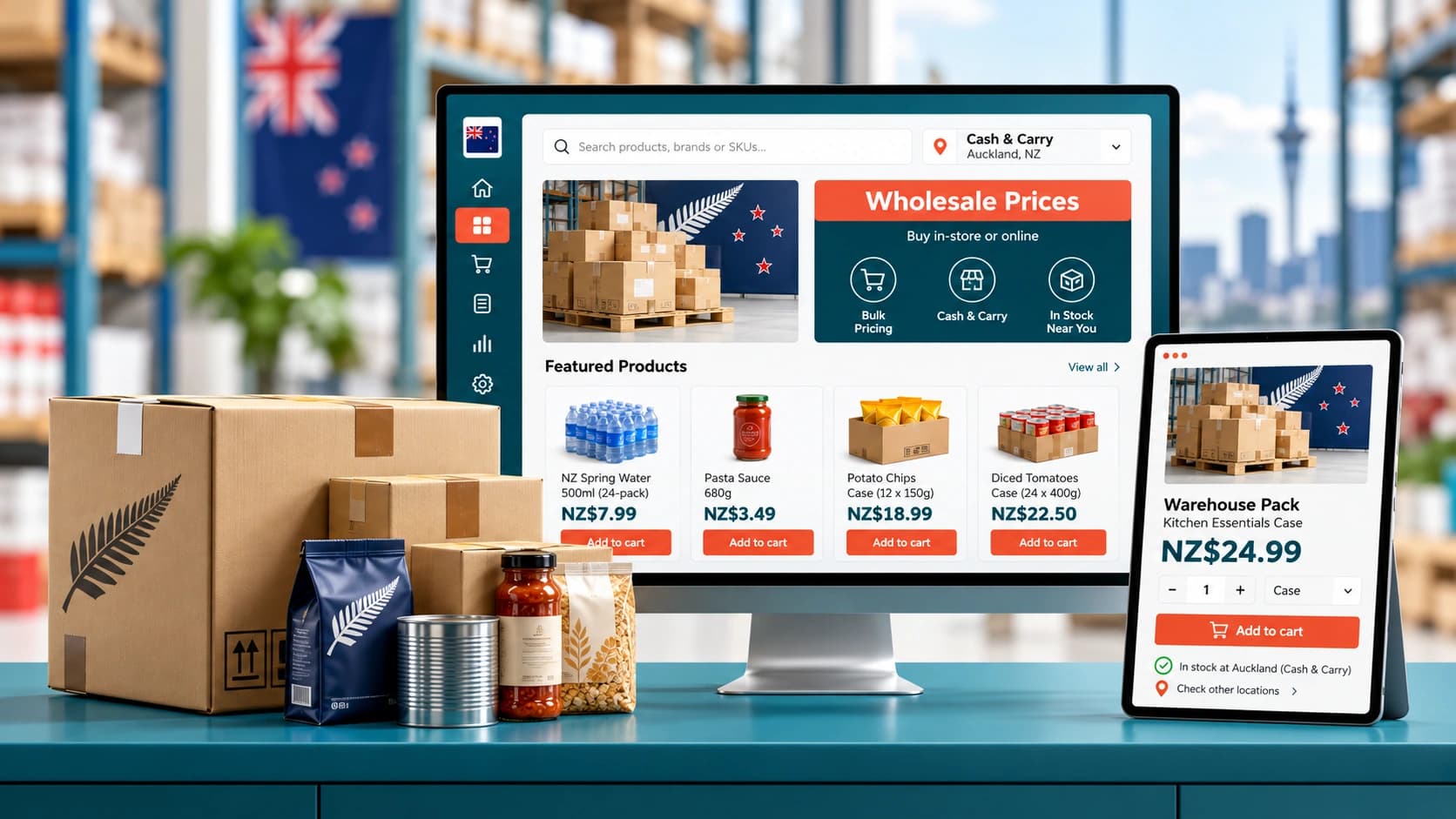 Cash and carry ordering platform for New Zealand wholesalers with bulk products, warehouse inventory and NZ dollar pricing.
