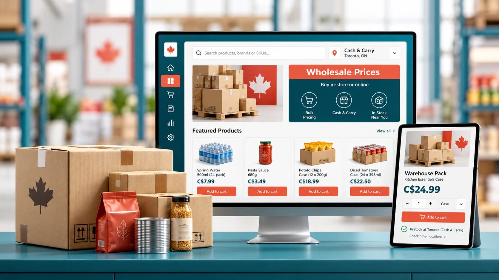 Cash and carry ordering platform for Canadian wholesalers, showing bulk products, warehouse stock and Canadian dollar pricing.