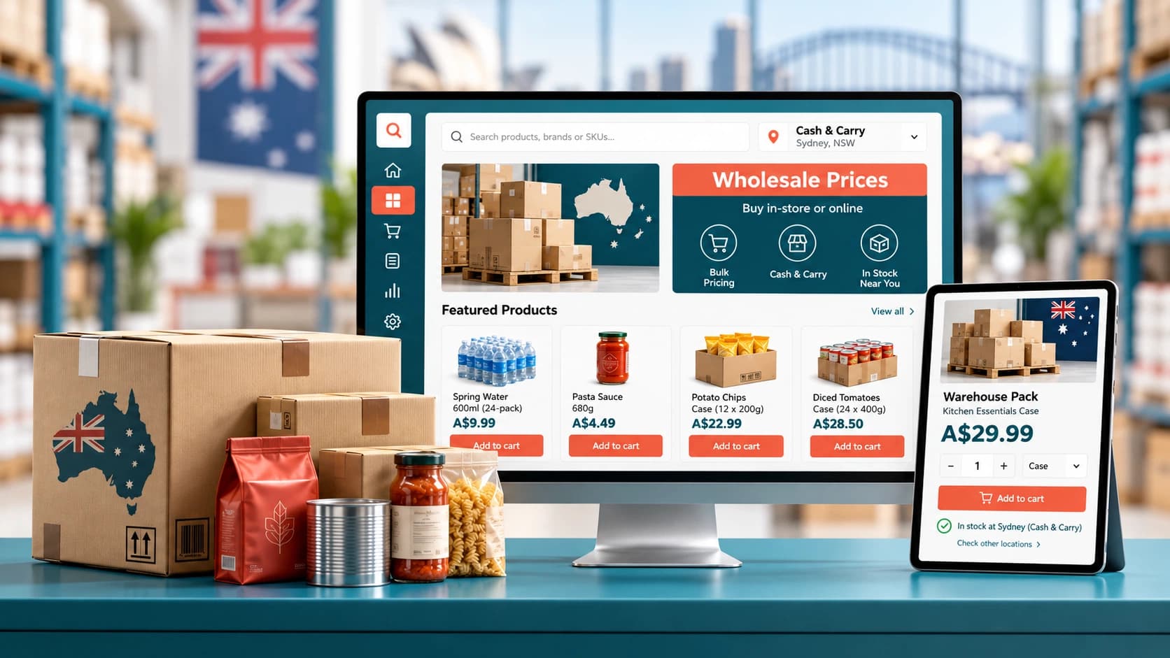 Cash and carry ordering platform for Australian wholesalers, featuring bulk goods, warehouse stock and Australian dollar pricing.